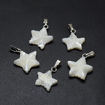 Shell Pendants, with Brass Findings, Star, Platinum, 18~19x14~15x3~5mm, Hole: 2x5mm