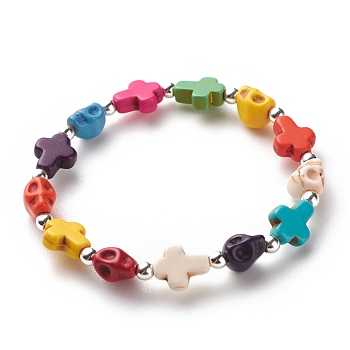 Synthetic Turquoise(Dyed) Cross & Skull Beaded Stretch Bracelet, Halloween Gemstone Jewelry for Kids, Colorful, Inner Diameter: 1-7/8 inch(4.8cm)