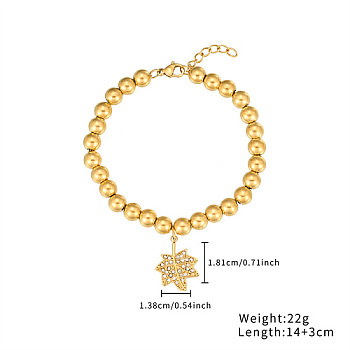 Stainless Steel Crystal Rhinestone Ball Beaded Bracelets with Pendants, Golden, Leaf, 5-1/2 inch(14cm), Pendant: 18.1x13.8mm