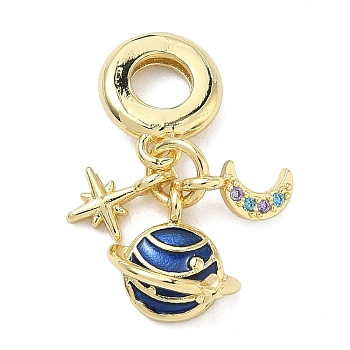 Brass Micro Pave Cubic Zirconia European Dangle Charms, Planet Moon Star Large Hole Pendants with Blue Enamel, Real 16K Gold Plated, 26mm, Hole: 5mm