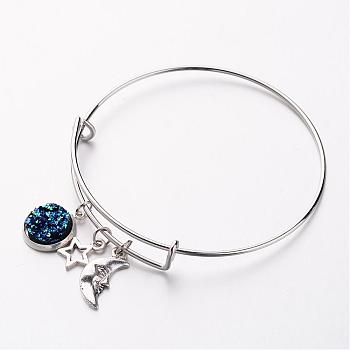 Adjustable Iron Bangles, Charm Bangles, with Brass Resin Charm and Tibetan Style Findings, Star with Moon, Mixed Color, 63mm
