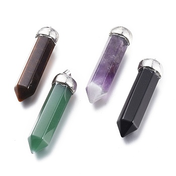 Natural Mixed Gemstone Pointed Big Pendants, with Brass Bails and Plated Top, Faceted, Bullet, Platinum, 63~64x17~18mm, Hole: 4.5x7.5mm