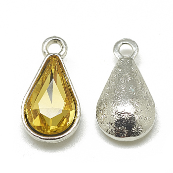 Alloy Glass Pendants, Faceted, teardrop, Platinum, Gold, 18x10x5mm, Hole: 2mm