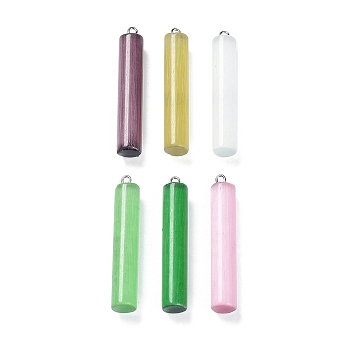 Cat Eye Big Pendants, with Platinum Tone Iron Loops, Column Charms, Mixed Color, 53.5x10mm, Hole: 2mm