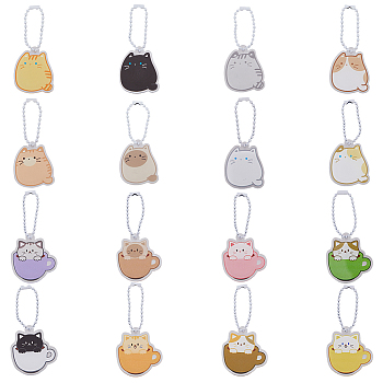 16 Sets 16 Style Cartoon Cute Cat Animal  Acrylic Pendant Decoration with Iron Ball Chain, for Keychain Bag Pendant Jewelry Accessories, Mixed Color, 39~41.5x33~38.5x2mm, 1 set/style