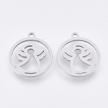 201 Stainless Steel Pendants, Laser Cut Pendants, Flat Round with Angel, Stainless Steel Color, 17x15x1mm, Hole: 1.4mm