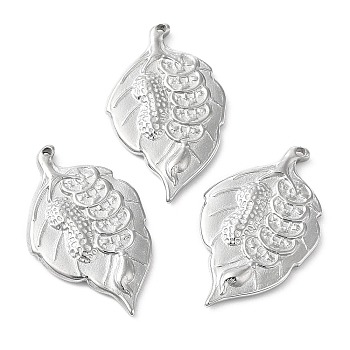 304 Stainless Steel Pendants, Leaf with Peanut Charm, Stainless Steel Color, 25x15.5x2.5mm, Hole: 1mm
