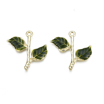 Rack Plating Alloy Pendants, with Enamel, Cadmium Free & Lead Free, Branch and Leaves, Dark Olive Green, 27x27.5x3mm, Hole: 1.8mm