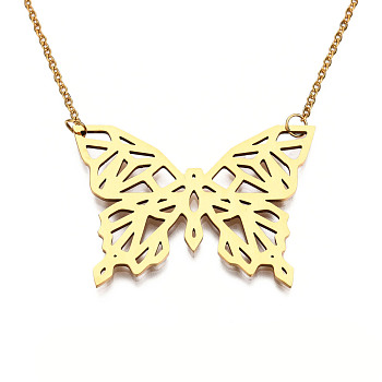 201 Stainless Steel Pendant Necklaces, with Cable Chains, Butterfly, Golden, 17.7 inch(45cm), 2mm, Butterfly: 29x39.5x1mm