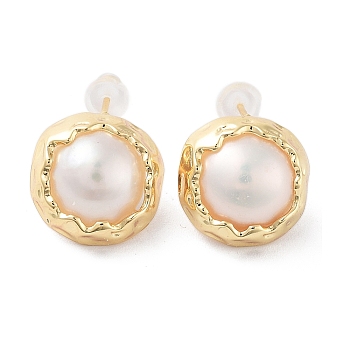 Half Round Natural Pearl Stud Earrings with Brass Findings and 925 Sterling Silver Pins, Real 14K Gold Plated, 14mm