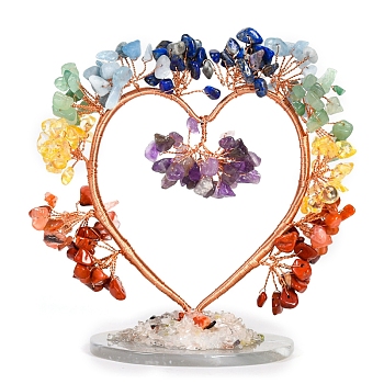 Natural Mixed Stone Chips Heart Tree Decorations, Copper Wire Feng Shui Energy Stone Gift for Women Men Meditation, 150x150mm