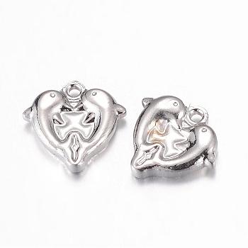 201 Stainless Steel Charms, Heart with Dolphin, Stainless Steel Color, 13x14x3.5mm, Hole: 1.5mm