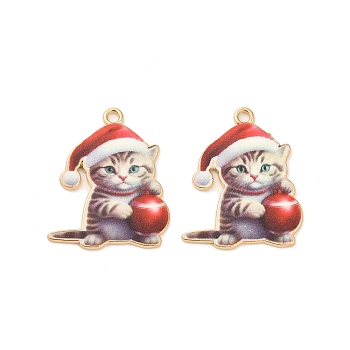 Christmas Alloy Enamel Pendants, Long-Lasting Plated, Golden, Cat Charm, Red, 29x24x1.5mm, Hole: 2mm