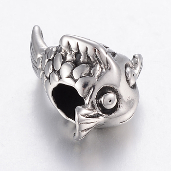 304 Stainless Steel European Beads, Large Hole Beads, Fish, Antique Silver, 16x11x14mm, Hole: 5mm