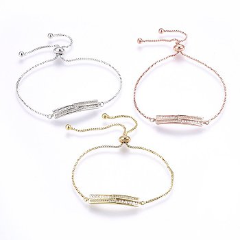 Adjustable Brass Micro Pave Cubic Zirconia Bolo Bracelets, Slider Bracelets, Bar, Clear, Mixed Color, 10-5/8 inch(27cm), 1.2mm