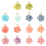 14Pcs 7 Colors Dyed Synthetic Coral Carved Flower Charms, with Brass Loops, Golden, Mixed Color, 11mm, Hole: 2mm, 2pcs/color(PALLOY-FS00080)
