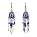 Bohemian Style Alloy Enamel Flat Round Tassel Chandelier Earrings, with Glass Seed Beads, Antique Silver, Blue, 50x15mm(FS-WG14215-03)