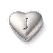 201 Stainless Steel Beads, Stainless Steel Color, Heart, Letter J, 7x8x3.5mm, Hole: 1.5mm(STAS-M335-01J-P)