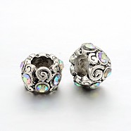 Vintage Alloy Grade A Rhinestone European Beads, Large Hole Rondelle Beads, Crystal AB, 11~13x7.5~8mm, Hole: 5.5mm(RB-J504-28AS)