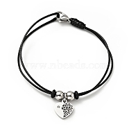 304 Stainless Steel Heart Charm Bracelet with Waxed Cord for Women, Stainless Steel Color, 7 inch(17.8cm)(BJEW-A125-13)
