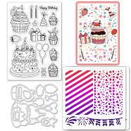 1 Set Birthday Cake PET Hollow Out Drawing Painting Stencils, 1Sheet PVC Plastic Clear Stamps, with 1Pc Cake Carbon Steel Cutting Dies Stencils, for DIY Scrapbooking, Mixed Shapes, Stamps: 160x110x3mm, Stencils:117~200x109~200x0.3mm(DIY-GL0004-111)