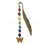 Butterfly Alloy Enamel Pendant Bookmark with Chakra Gemstone Bead, Alloy Feather Bookmarks, Gold, 140x14.5x3.5mm(AJEW-JK00253-01)