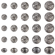 25Pcs 5 Styles 1-Hole Retro Zinc Alloy Shank Buttons, Hollow, Garment Decoration, Gunmetal, 15~25x9~12.5mm, Hole: 2.2~2.8mm, 5pcs/style(BUTT-OC0001-57A)