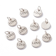 Brass Charms, Long-Lasting Plated, with Jump Rings, Flat Round with Word Love, for Valentine's Day, Antique Silver, 8.5x1mm, Jump Ring: 4x0.5mm, Inner Diameter: 2.5mm (KK-A149-01AS)