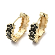 Flower Real 18K Gold Plated Brass Hoop Earrings, with Enamel, Black, 19.5x6mm(EJEW-L268-017G-01)