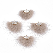 Faux Mink Fur Tassel Pendant Decorations, with Rhinestone and Alloy Findings, Fan, Golden, Camel, 24~28x29~34x8mm, Hole: 1.5mm(FIND-T040-09)