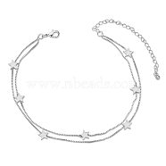 SHEGRACE Brass Multi-Strand Anklets, with Epoxy Resin and Box Chains, Star, White, Platinum, 8-1/4 inch(21cm)(JA174A)