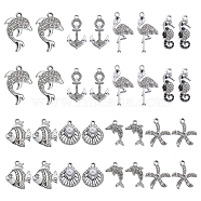 32Pcs 8 Styles Alloy with Crystal Rhinestone & Black Enamel Pendants, Sea Horse & Dolphin & Starfish & Anchor & Flamingo Charms, Platinum, 17~28x8~18x2.2~6mm, Hole: 1.5~2mm, 4Pcs/style(FIND-SC0006-25)