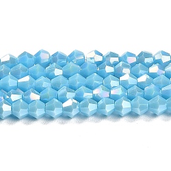 Opaque Solid Color Electroplate Glass Beads Strands, AB Color Plated, Faceted, Bicone, Deep Sky Blue, 4x4mm, Hole: 0.8mm, about 82~85pcs/strand, 12.01~12.2 inch(30.5~31cm)(EGLA-A039-P4mm-B12)