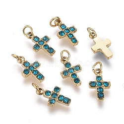 316 Surgical Stainless Steel Tiny Cross Charms, with Rhinestone and Jump Rings, Golden, Aquamarine, 8.5x5x1.5mm, Hole: 1.6mm(STAS-F256-023A-G)