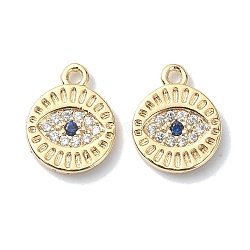 Brass Micro Pave Cubic Zirconia Pendants, Flat Round & Evil Eye Charms, Real 18K Gold Plated, 12x10x2mm, Hole: 1.2mm(KK-A194-02G)