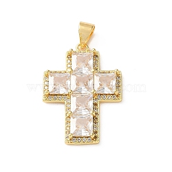 Brass Pave Cubic Zirconia Pendants, Square Cross Charms, Cadmium Free & Lead Free, Rack Plating, Long-Lasting Plated, Real 18K Gold Plated, Clear, 25x18x3.5mm, Hole: 4x3.5mm(CU-CBA03AF-17G-04)
