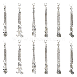 12Pcs 6 Style Tibetan Style Alloy Curb Chain Tassel Big Pendants, Feather & Moon with Star & Flat Round & Teardrop, Antique Silver & Platinum, 78~84x2mm, Hole: 5mm, 2Pcs/style(FIND-DC0003-18)