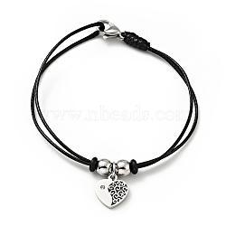 304 Stainless Steel Heart Charm Bracelet with Waxed Cord for Women, Stainless Steel Color, 7 inch(17.8cm)(BJEW-A125-13)