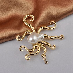 Baroque Style Octopus Brooch for Women, Alloy Brooches, with Plastic Imitation Pearl, Golden, 60mm(PW-WG90361-01)