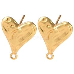 925 Sterling Silver Stud Earrings Findings, Hammered Heart, with Loops, Real 18K Gold Plated, 13.5x11.5mm, Hole: 1.1mm, Pin: 12x0.7mm(STER-K176-23G)