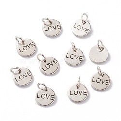 Brass Charms, Long-Lasting Plated, with Jump Rings, Flat Round with Word Love, for Valentine's Day, Antique Silver, 8.5x1mm, Jump Ring: 4x0.5mm, Inner Diameter: 2.5mm (KK-A149-01AS)