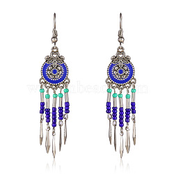 Bohemian Style Alloy Enamel Flat Round Tassel Chandelier Earrings, with Glass Seed Beads, Antique Silver, Blue, 50x15mm(FS-WG14215-03)