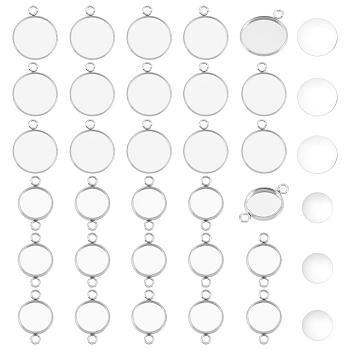 Unicraftale DIY Flat Round Pendant Making Kits, Including 304 Stainless Steel Cabochons Pendants & Connectors Settings, Transparent Glass Cabochons, Stainless Steel Color, Settings: 60pcs/box