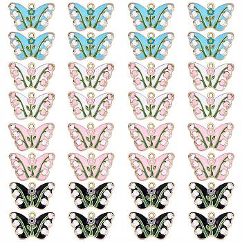 32Pcs 4 Colors Alloy Enamel Pendants, Cadmium Free & Nickel Free & Lead Free, Light Gold, Butterfly with Tulip, Mixed Color, 17.5x28x2.5mm, Hole: 1.8mm, 8pcs/color