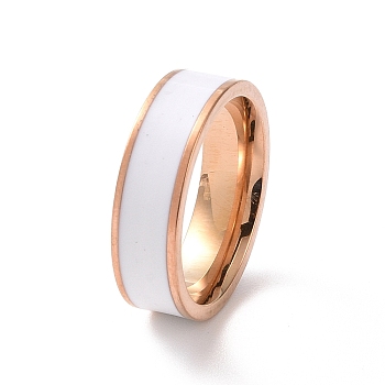 Enamel Grooved Line Finger Ring, Rose Gold 201 Stainless Steel Jewelry for Women, White, Inner Diameter: 17mm
