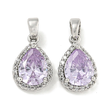 Brass with Cubic Zirconia Charms, Cadmium Free & Nickel Free & Lead Free, Teardrop, Plum, Platinum, 14.5x9.5x4.5mm, Hole: 5x3mm