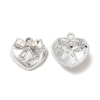 Clear Glass Pendants, Rack Plating Alloy Findings, Nickel Free, Heart with Bowknot Charms, Platinum, 16.5x17x6mm, Hole: 1.6mm