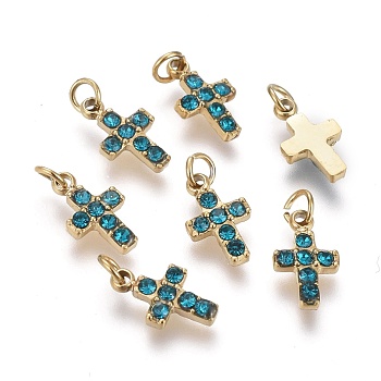 316 Surgical Stainless Steel Tiny Cross Charms, with Rhinestone and Jump Rings, Golden, Aquamarine, 8.5x5x1.5mm, Hole: 1.6mm