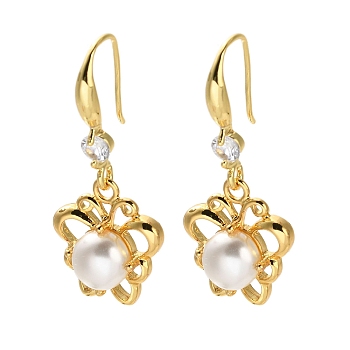 Flower ABS Imitation Pearl Dangle Earrings, Rack Plating Brass Cubic Zirconia for Women, Long-Lasting Plated, Lead Free & Cadmium Free, Real 18K Gold Plated, 36x15mm