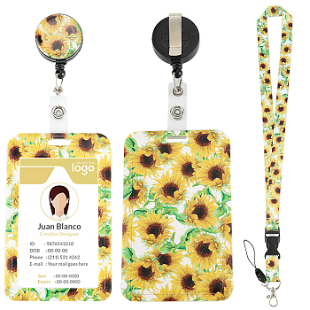 Flower Pattern ABS Plastic ID Badge Holder Sets, include Lanyard and Retractable Badge Reel, ID Card Holders with Clear Window, Rectangle, Gold, 110x69x5.5mm